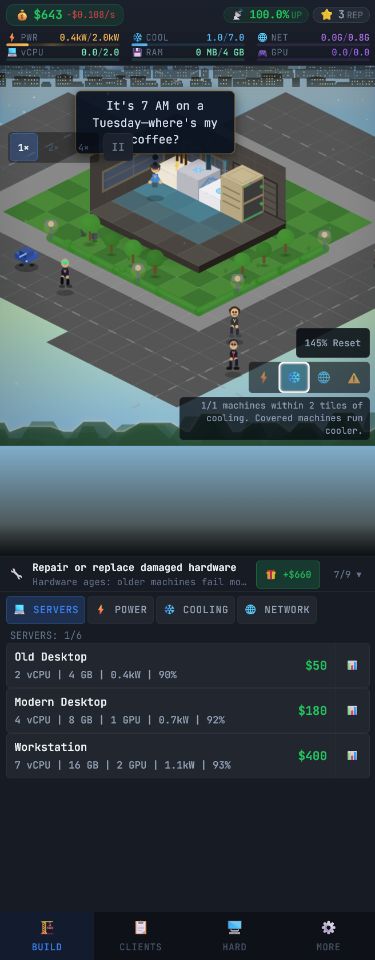 Cooling coverage overlay active on the isometric floor