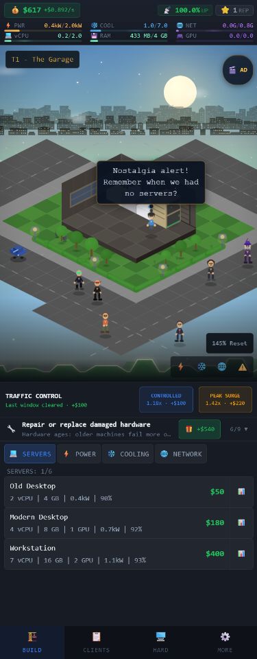Current Data Center Fan operating screen with resource rails, isometric floor, objectives and build controls
