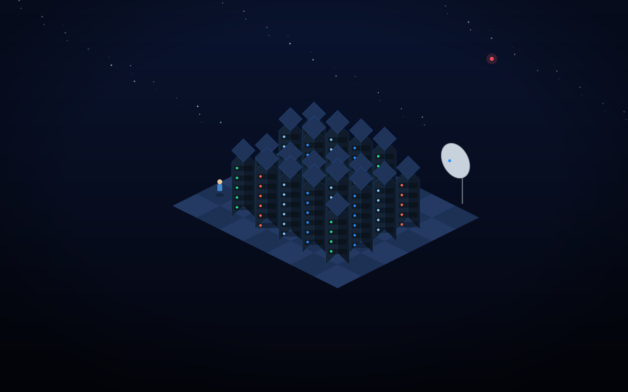 Data Center Fan — a night-lit hyperscale complex with a satellite dish